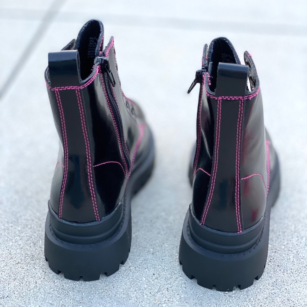 AQUA Combat Boots Ankle booties Quinn black patent neon pink lace up Moto combat - Picture 11 of 12